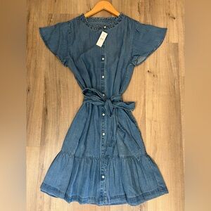 Denim Button-Down Dress with Tie Waist. (New with tags) 8 Tall.